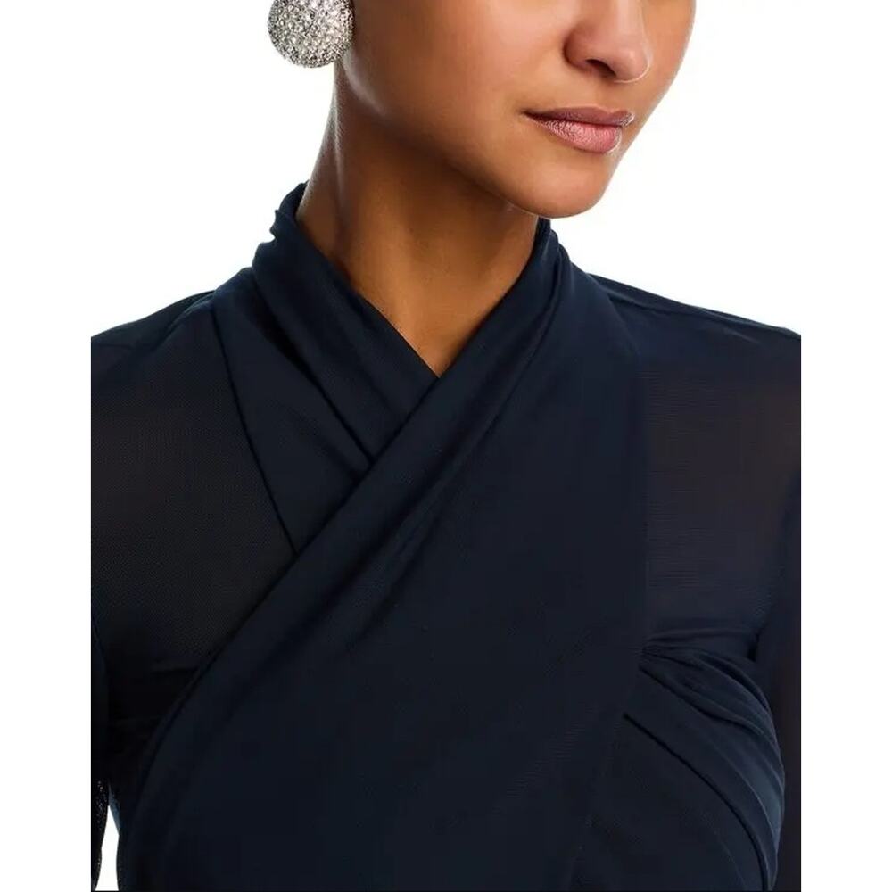Bardot Women Navy Mesh Aliya Crossover Evening Wrap Long Sleeve Crop Top Size L - Picture 4 of 8